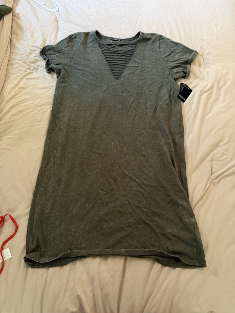 BRAND NEW Washed Olive Short Sleeve Shirt Dress with Ladder V-Neck